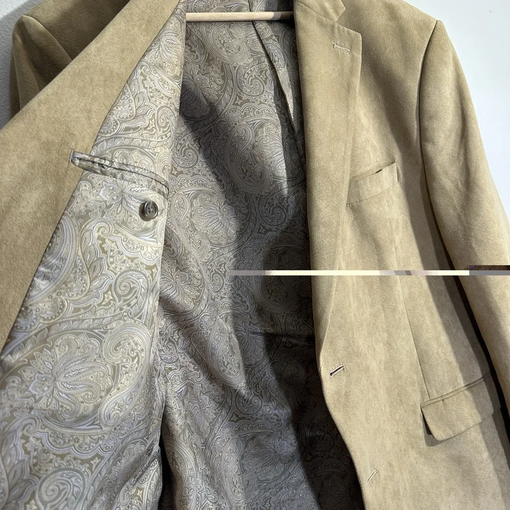 Chaps Men's 46R Sport Coat Tan‎ Paisley Lined Blazer Faux Suede 70s Retro